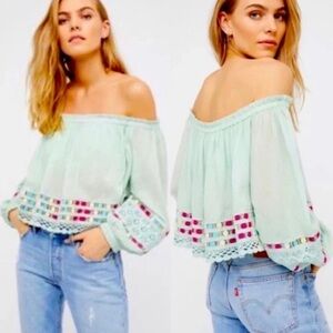 Free People Wander the Unknown Mint Green Off-the-Shoulder Crochet Crop Top